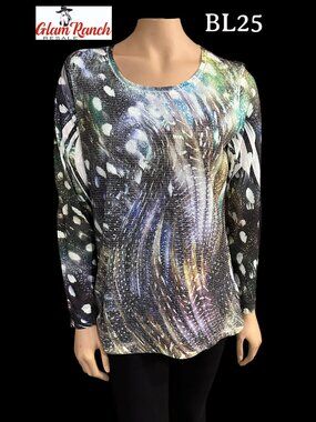 NWT Chico's Feather Spots Glimmer Sequin Tuliana Long Sleeve Blouse SZ 1/Med